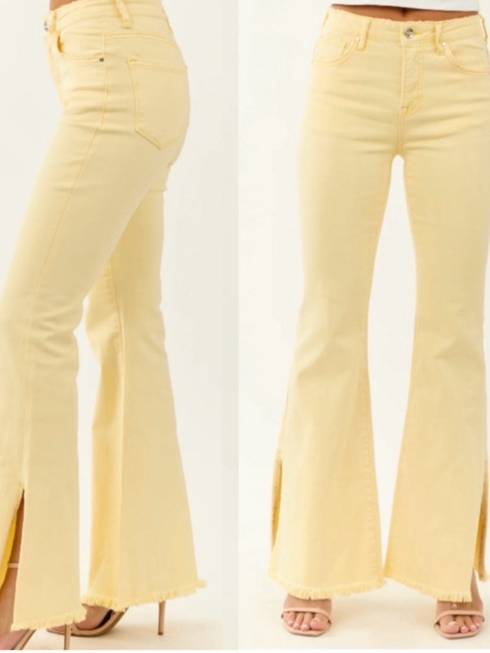 NWT RISEN Jeans Side Slit Stretchy Flare Size 7/28 Yellow Pastel